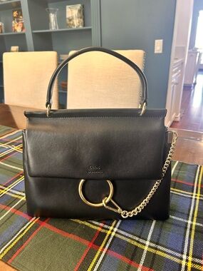 Chloé Black Leather Top-Handle Crossbody with Gold Ring